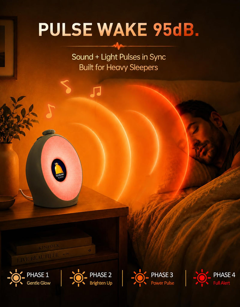 Sunrise Alarm Clock for Heavy Sleepers with Pulse Wake, Sunset Sound Machine with Breathing Ambient Light, Loud Alarm