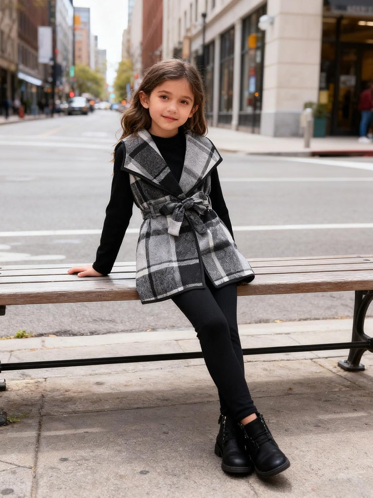 Kid Girls Clothes 3 Piece Outfits Plaid Flannel Belted Vest & Long Sleeve Top and Pants- Fall Clothing Sets
