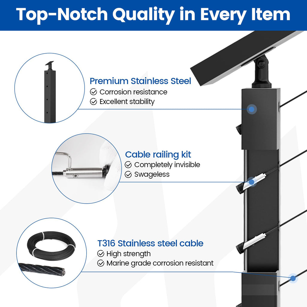 12-16ft Side Mount Modular Cable Railing Kit for Stairs 42 Inch RW31