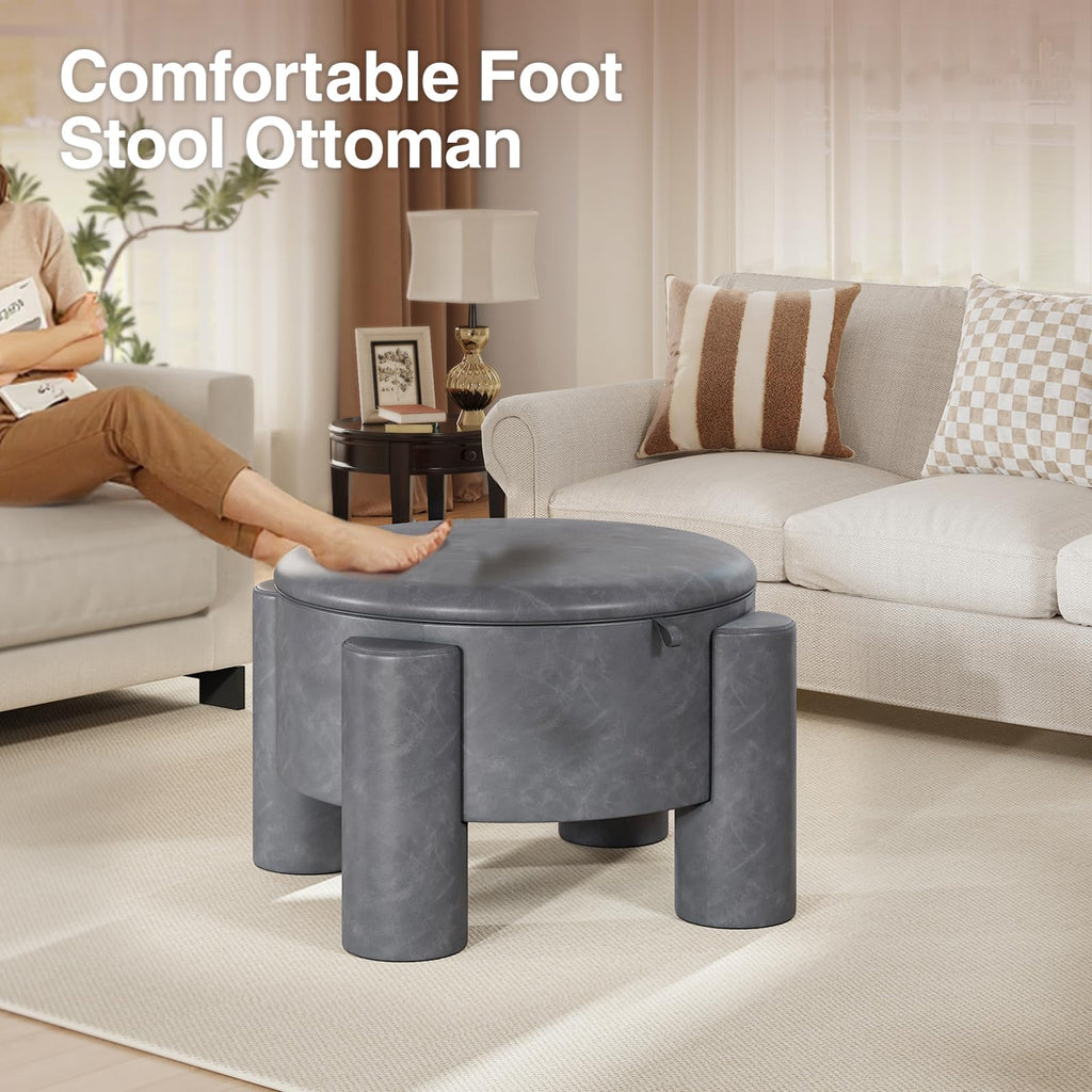 24 Inch Round Small Ottoman with Storage, Faux Leather