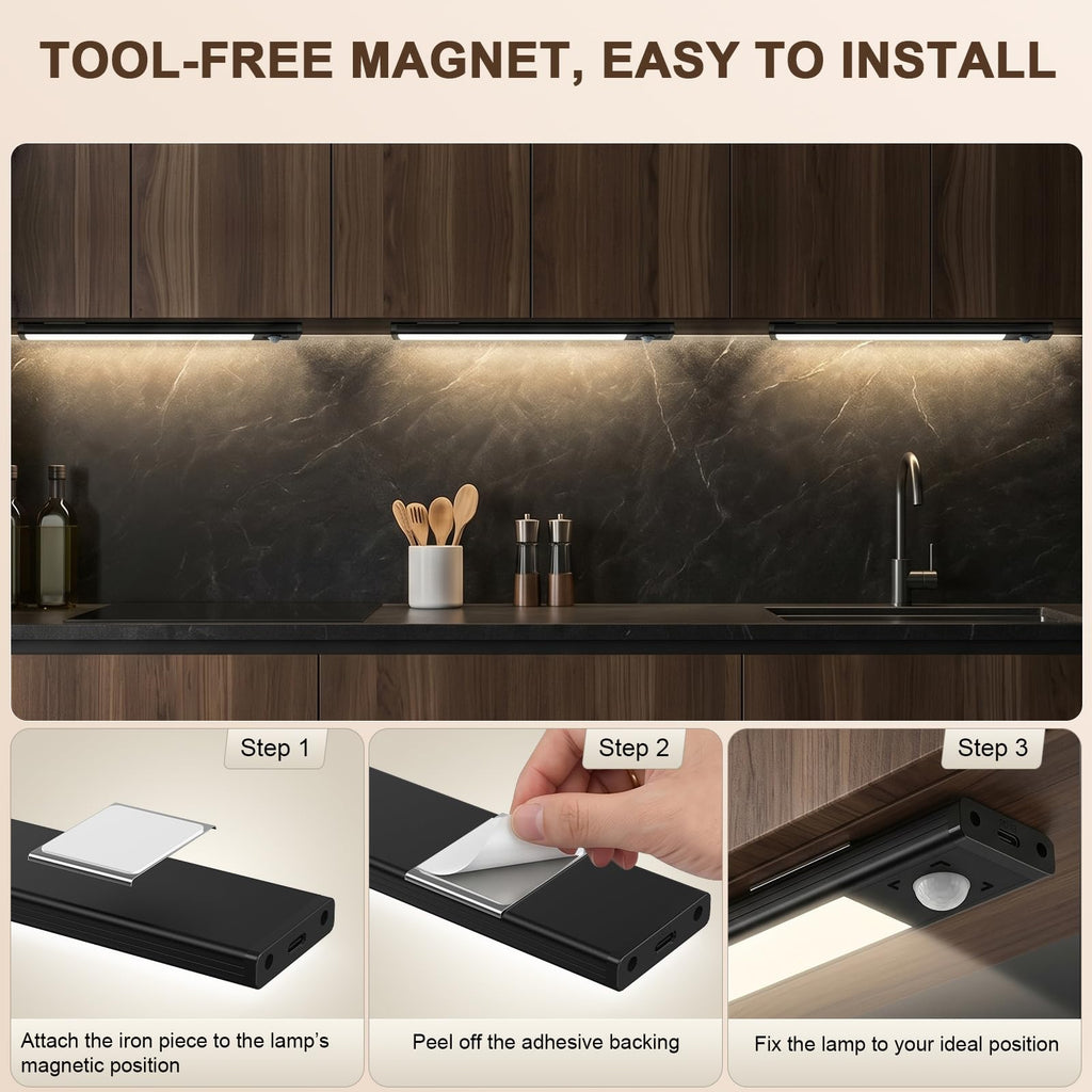 4Pack Under Cabinet Lighting Rechargeable -10" Ultra-Thin Black 3 Color Temps Super Bright, Motion Sensor, Long