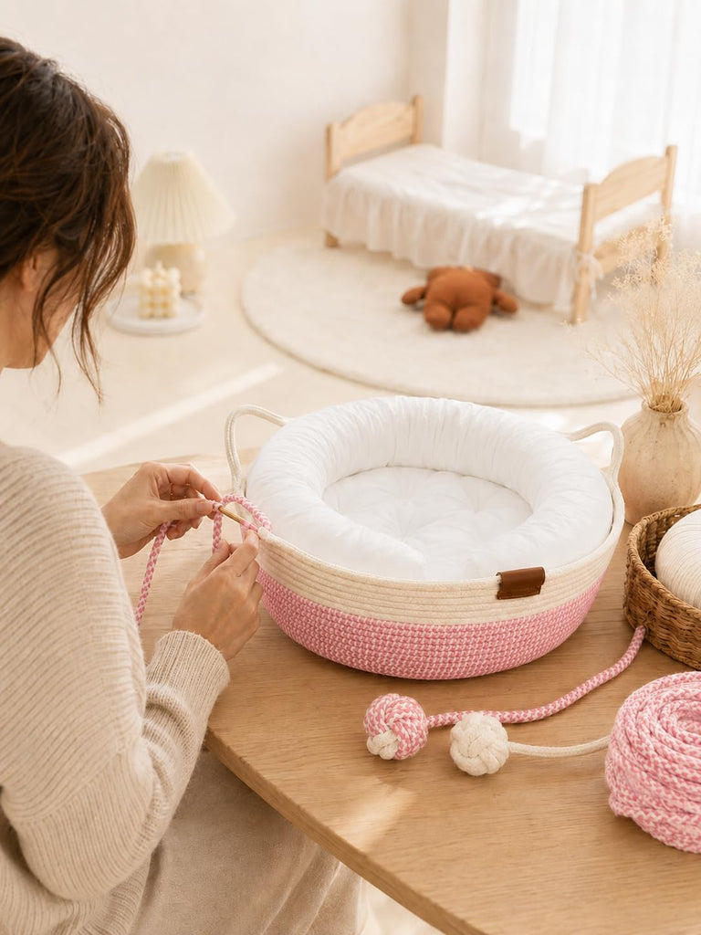 Handwoven Cat Bed for Indoor Cats, 18 Inch Round Low-Entry Cat Basket Bed