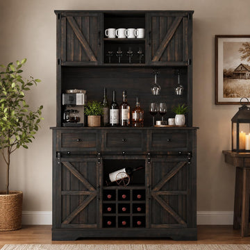 Tall Farmhouse Coffee Bar Cabinet with Wine Rack, Rustic Oak | Kitchen Pantry Storage Cabinet with 3 Drawers