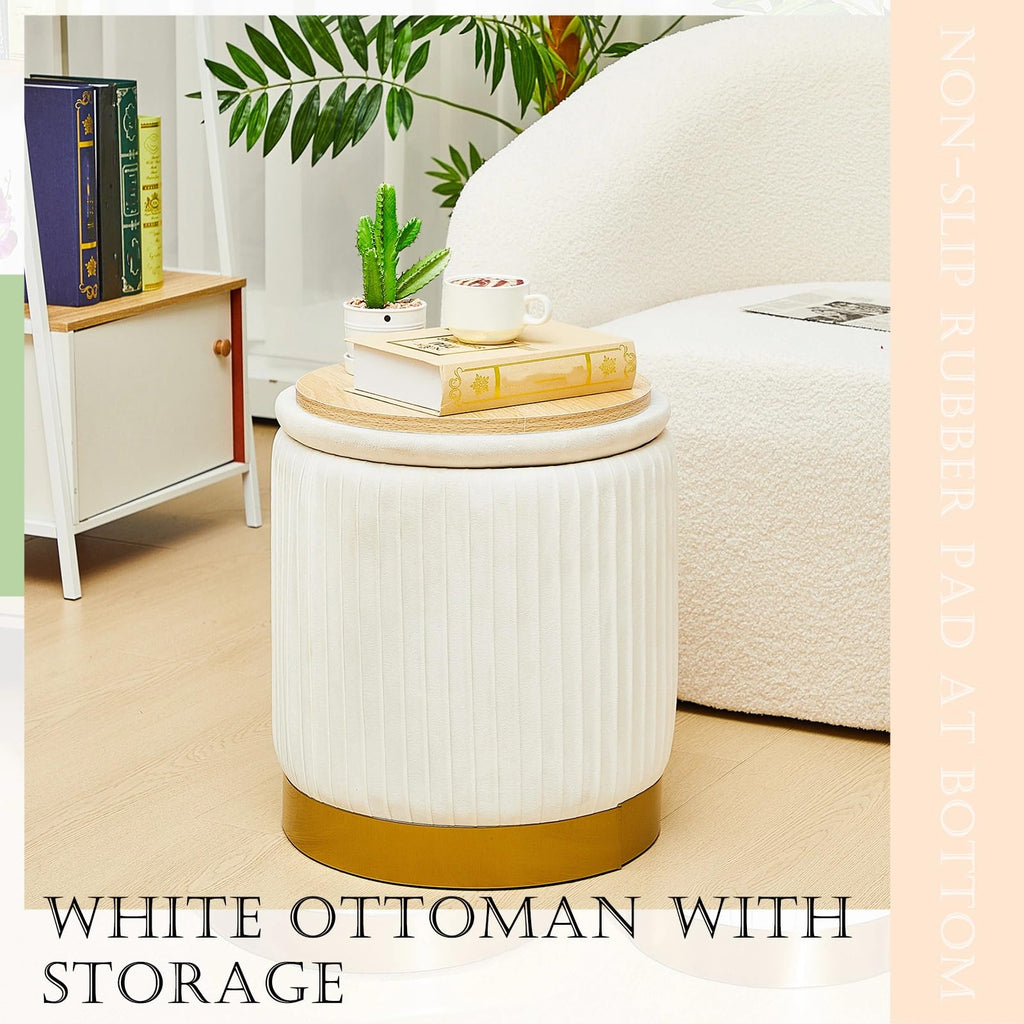 2 Pcs Round Ottoman with Storage White Velvet Storage Ottoman Stool with Removable Lid Gold Base Living Room Bedroom