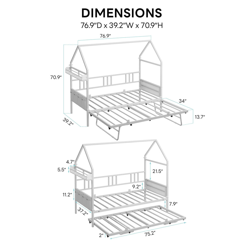 Daybed with Trundle, House Shaped Twin Bed Frame, White