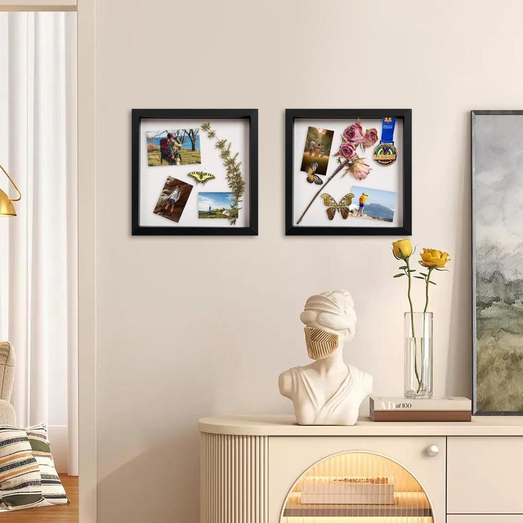 12x12 Shadow Box Frame with Linen Backboard & Real Glass, Wood Display Case, Deep Showcase to Hang The Photos