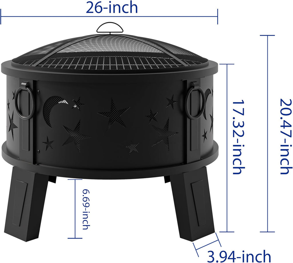 26" Outdoor Fire Pit with Grill & Mesh Cover, Wood Burning Steel Firepit with Poker & Star Spark Screen, Heavy Duty Patio Fire Bowl for Backyard - Image 3