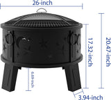 26" Outdoor Fire Pit with Grill & Mesh Cover, Wood Burning Steel Firepit with Poker & Star Spark Screen, Heavy Duty Patio Fire Bowl for Backyard - Image 3