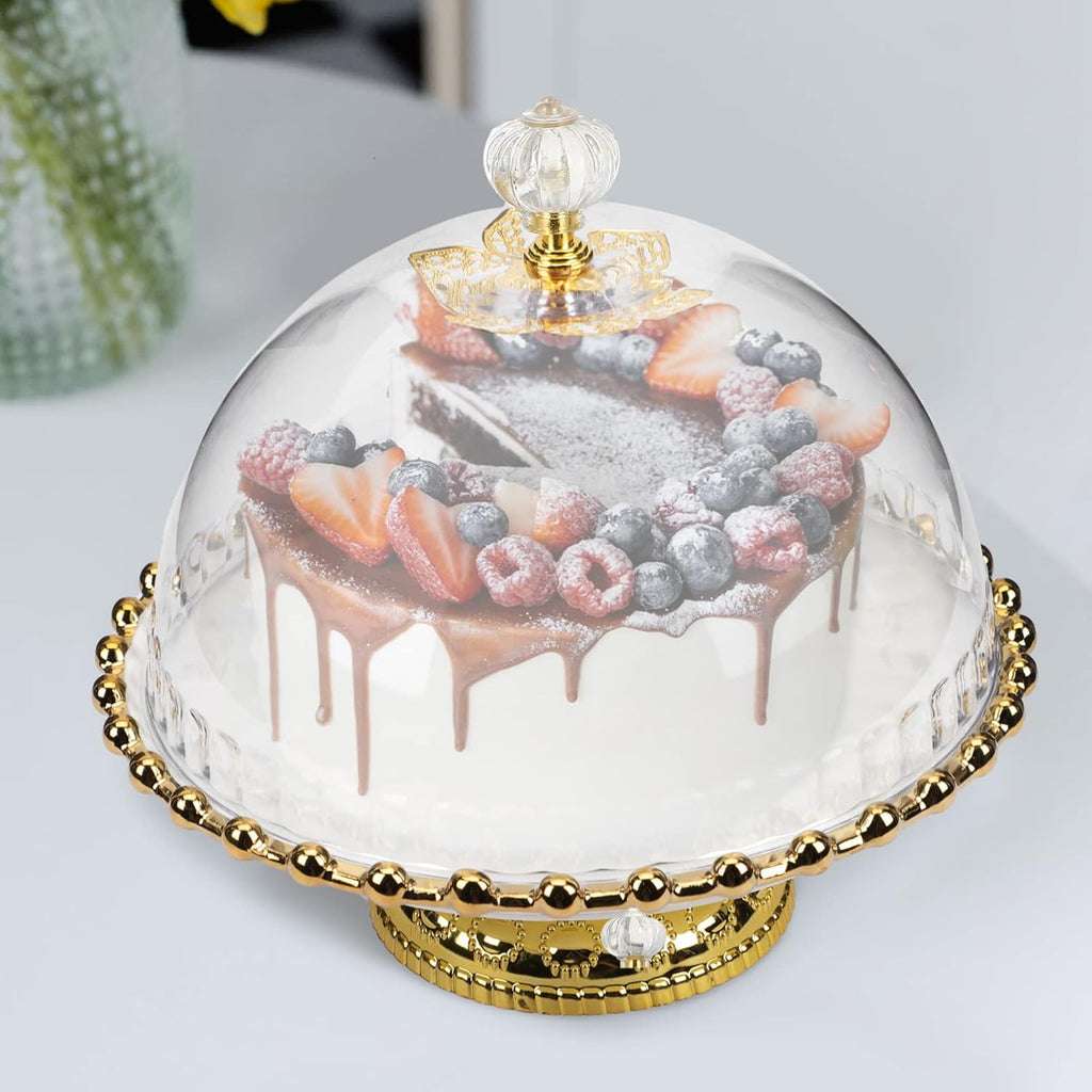 White Round Ceramic Cake Stand with Glass Dome, 8 Inch