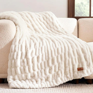 Premium Ruched Faux Fur Throw Blanket for Couch, Double-Sided Soft Textured Fuzzy Plush Blanket Decor, Bed & Living