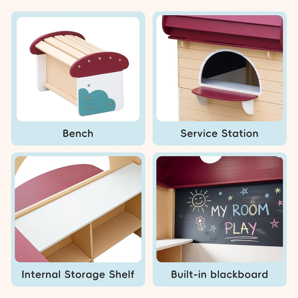 Outdoor Solid Wood Kids Playhouse for Ages 3-8 | Toddler Outdoor Play Kitchen with Chalkboard, Half Door, White Kids