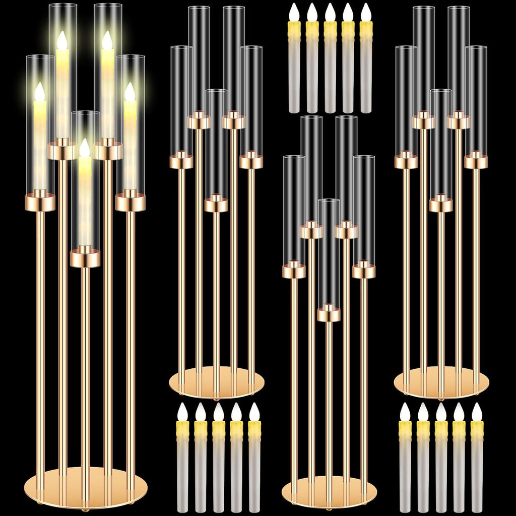 4 Set 5 Arm Gold Candelabra Centerpieces for Table, 35'' Tall Wedding Metal Candlestick Floor Holder Acrylic Clear