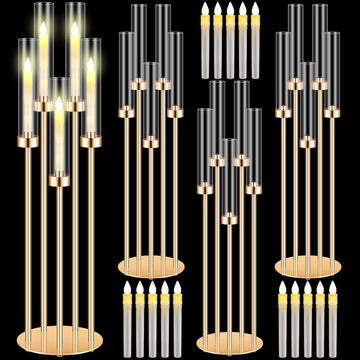 4 Set 5 Arm Gold Candelabra Centerpieces for Table, 35'' Tall Wedding Metal Candlestick Floor Holder Acrylic Clear