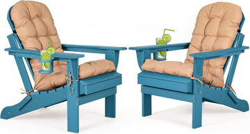 Folding Adirondack Chairs Set of 2 with Cushion with Cup Holder, HDPE Plastic Oversized Patio Chair Weather