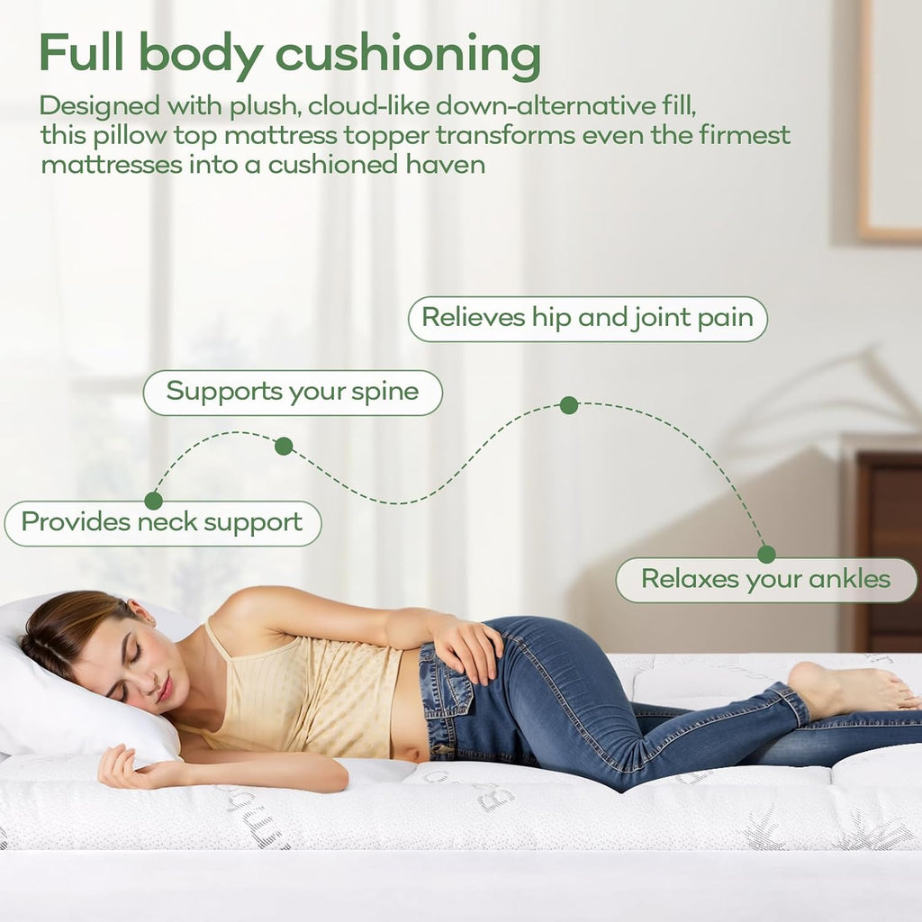 Full Bamboo Viscose Cooling Mattress Topper, White | Soft Quilted Comfort, Pillow Top Mattress Pad, Plush Down