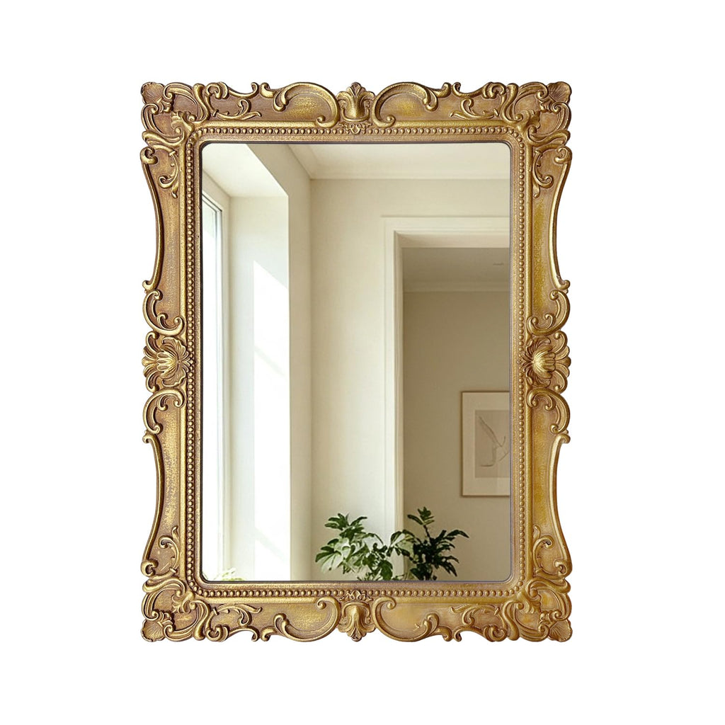 Vintage Rectangular Wall Mirror, Ornate Baroque Carved Wood Frame