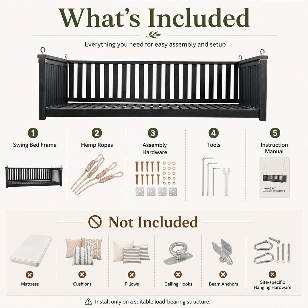 Outdoor Porch Swing Bed, Twin Size Acacia Wood Hanging Daybed with Hemp Ropes, Minimalist Patio Swing Bed for Garden