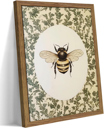 Framed Vintage Bee Wall Art, Cottagecore Floral Botanical Decor, Rustic Garden Insect Pictures Poster, Oval Bumblebee