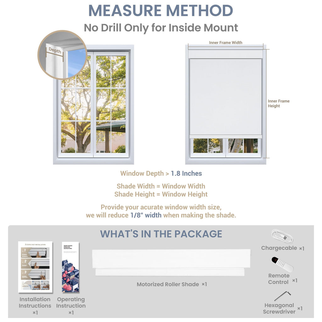 Motorized Roller Blind with Remote, No Drill Smart Roller Shades for Indoor Window, Blackout Linen Fabric