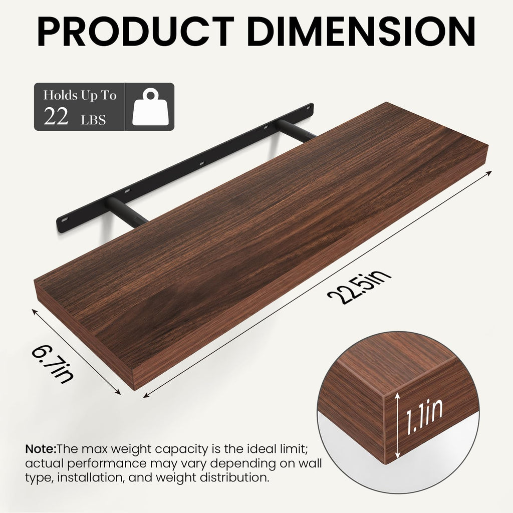Walnut-Like Floating Shelves 22.5in, 2 Pack, Wall Mounted Wall Decor