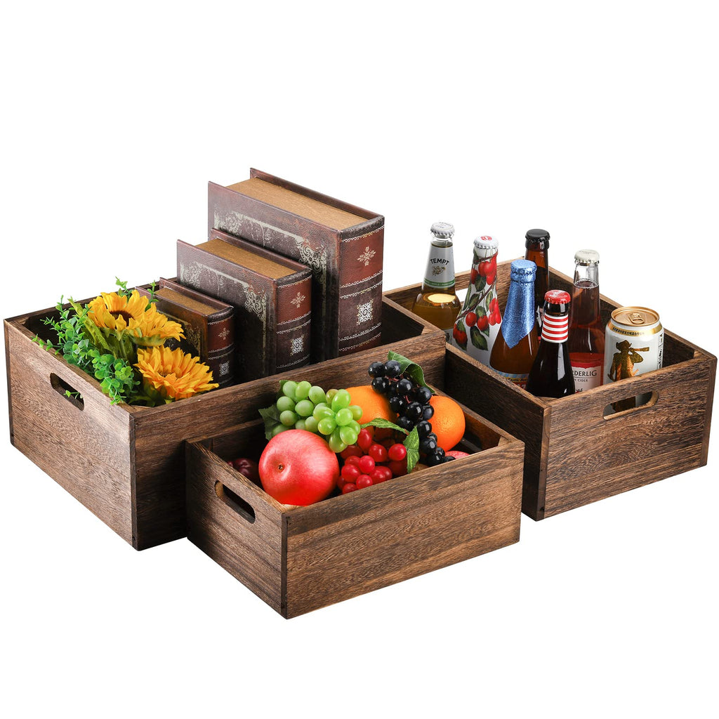 Set of 3 Wood Nesting Storage Crates with Handles, Decorative Farmhouse Wooden Crates Storage Containers Rustic