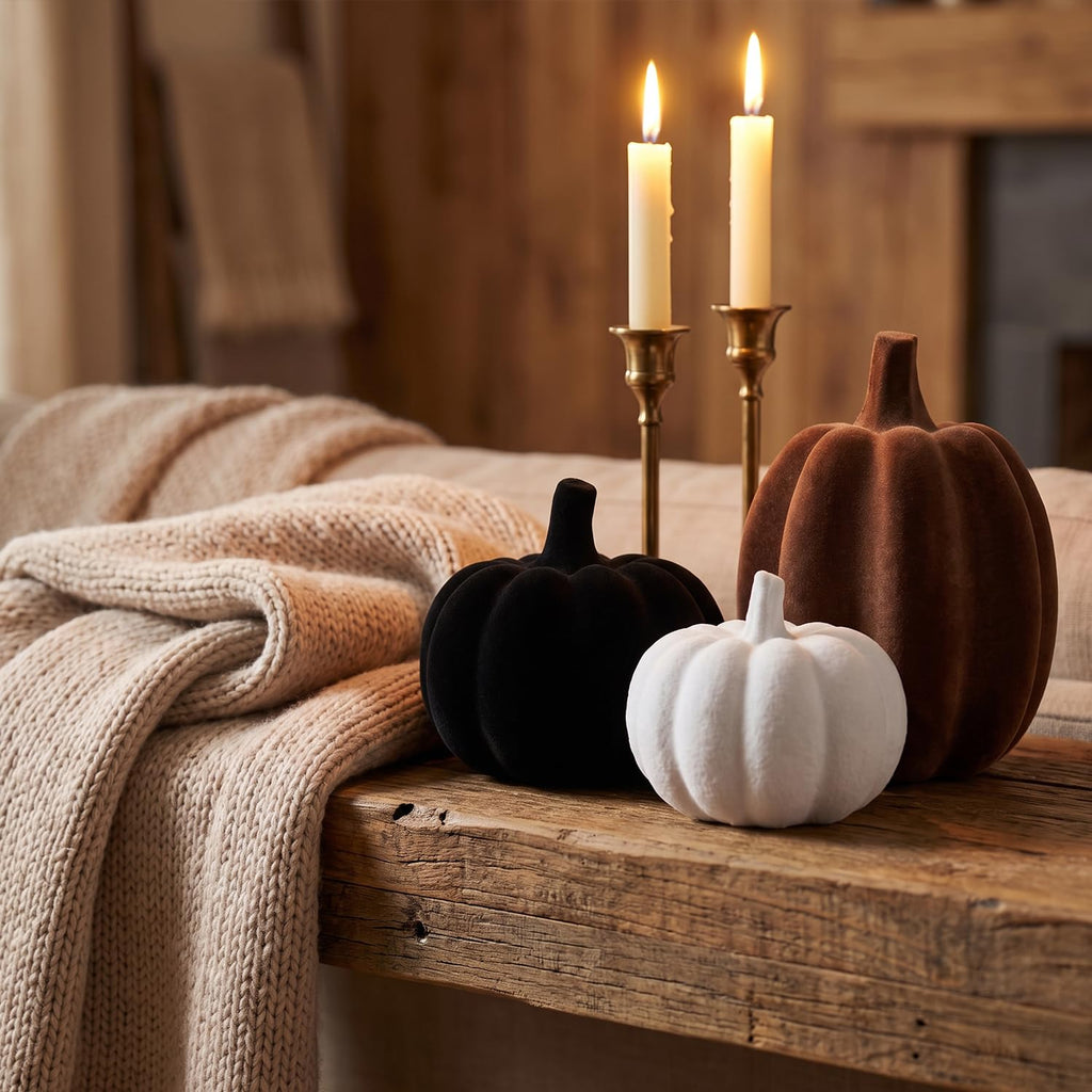 White Black Brown Flocked Pumpkins, Resin Pumpkin Modern Thanksgiving Decor