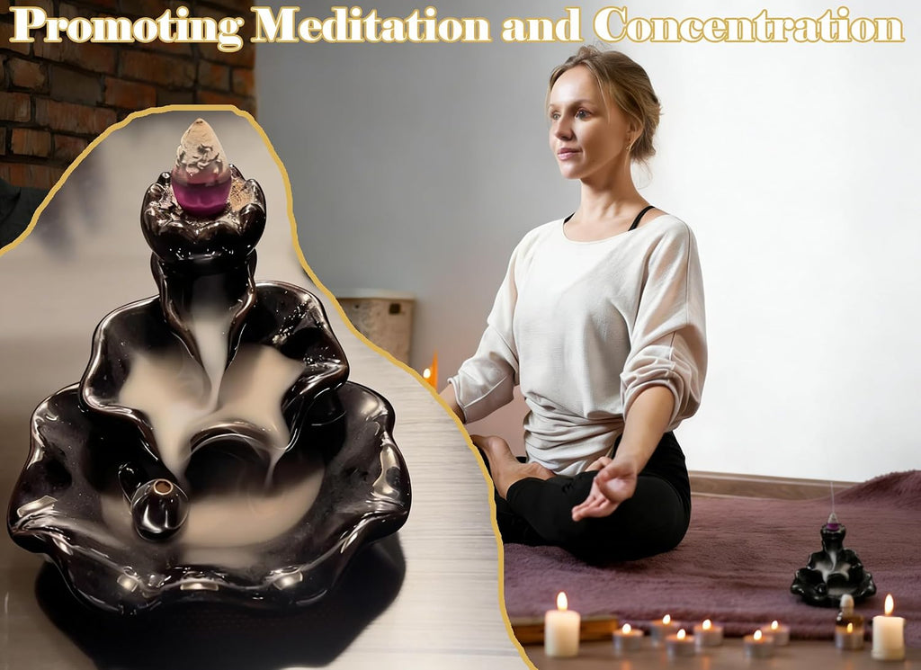 Waterfall Incense Burner, Backflow Incense Holder Lotus Ceramic Censer Cones Sticks Porcelain Holder for Aromatherapy