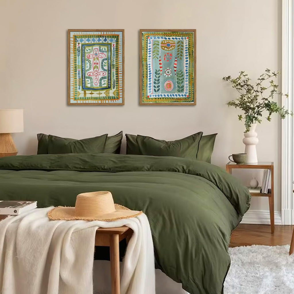 Framed Boho Wall Art Set of 2, Sage Green Botanical Pictures Wall Decor, Abstract Folk Art Paintings Canvas Prints