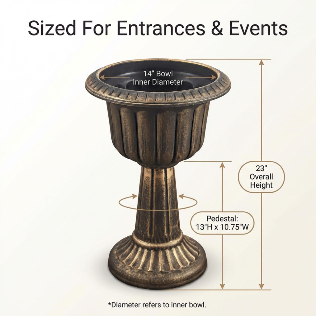 Small Gold Plastic Pedestal Planter, 23 Inches High, Garden Decor, Wedding Decor