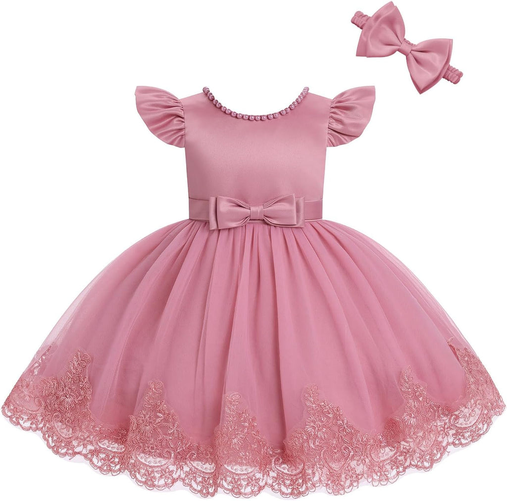 Toddler Baby Flower Girl Dress Pearl Lace Tulle Tutu Dress Headband Birthday Party Wedding Formal Pageant Gown