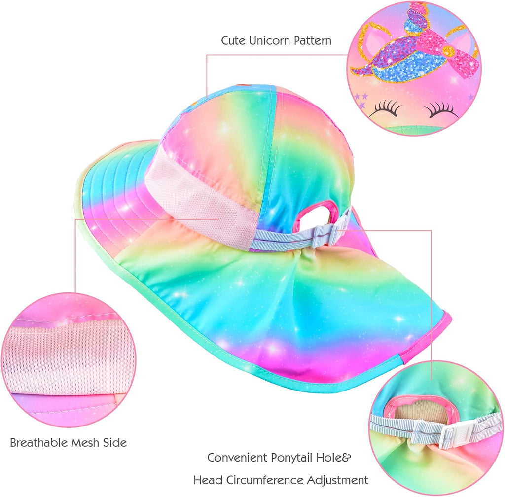 Girls Sun Hat for Kids UV Protection Unicorn Summer Hat Beach Play Hats Wide Brim Neck Flap for Girls Ponytail Hat