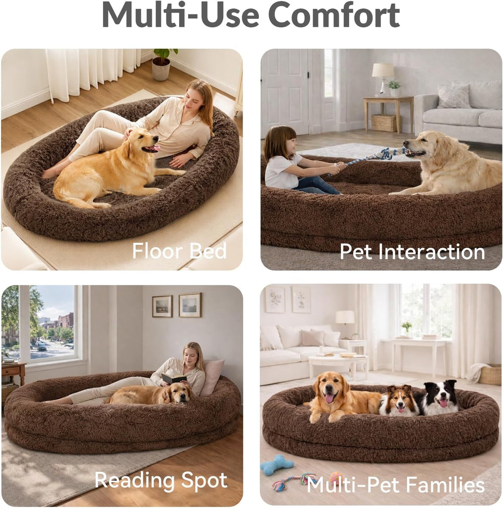 Human Dog Bed for Adult Faux Fur Washable Human Dog Bed Portable Handle, Egg Orthopedic Foam Human Bed
