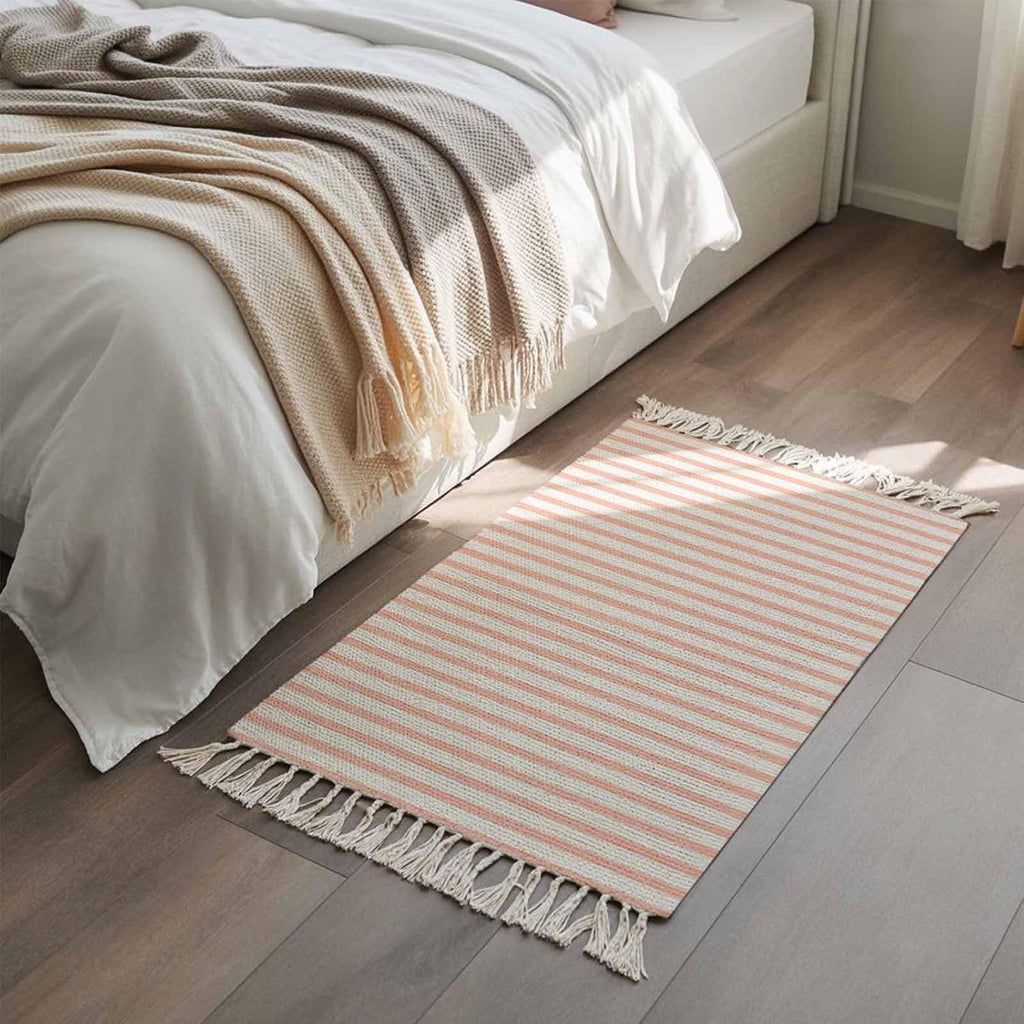 Minimalist Peach Pink Striped Runner Rug with Tassel Modern Art Vertical Line Print Entryway Rugs Washable