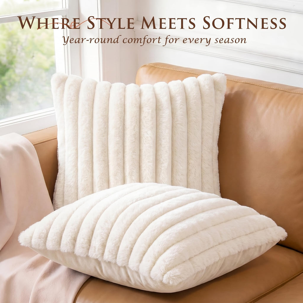 Set of 2 Decorative Throw Pillow Covers 24x24, Fall Faux Fur Cream White