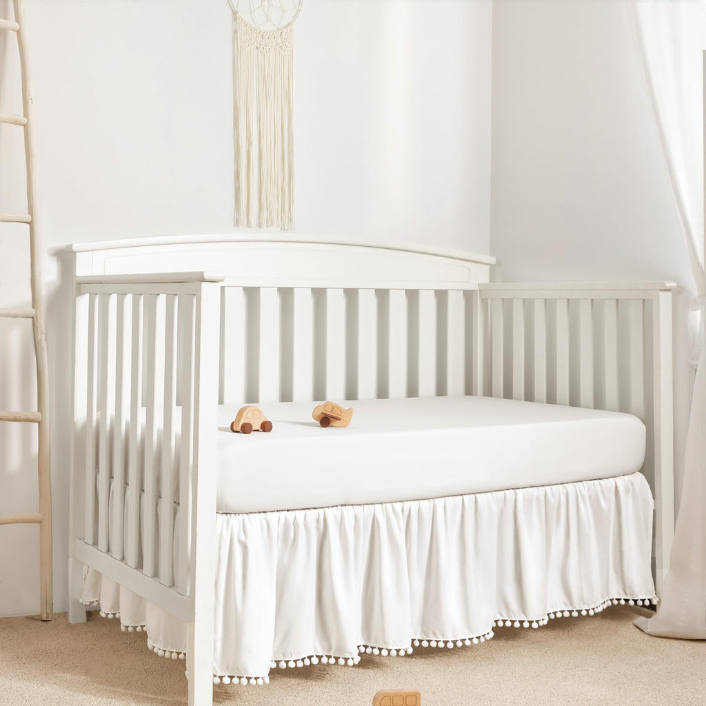 Baby Crib Skirt Girls Boys, Ruffled Bed Skirt with Pompoms, 28"x 52", 14'' Drop, White