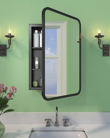 16"x24" Surface Mounted Recessed Medicine Cabinet with Mirror, Black Frame