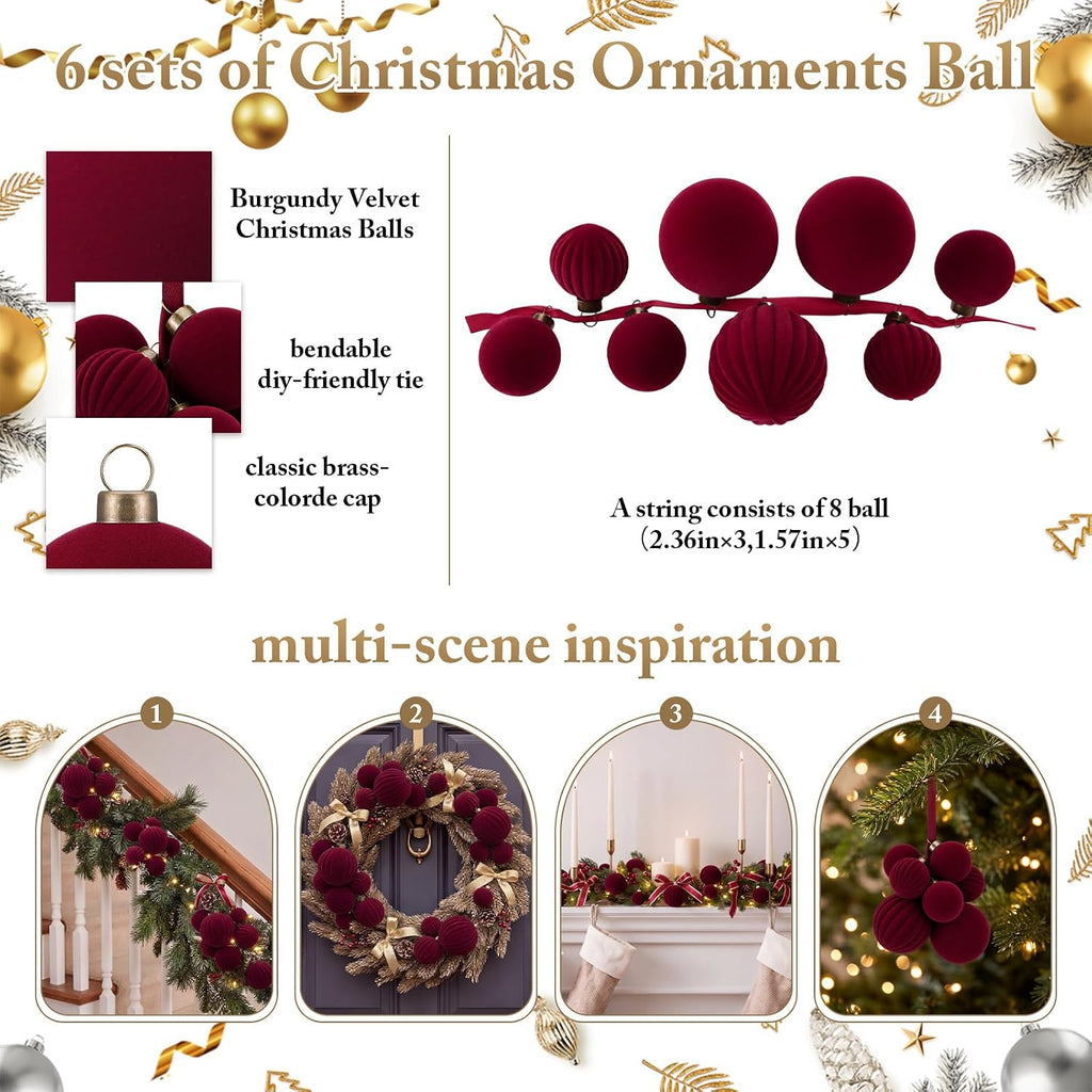 48 Pcs Burgundy Christmas Ball Clusters Ornaments Xmas Tree Decor