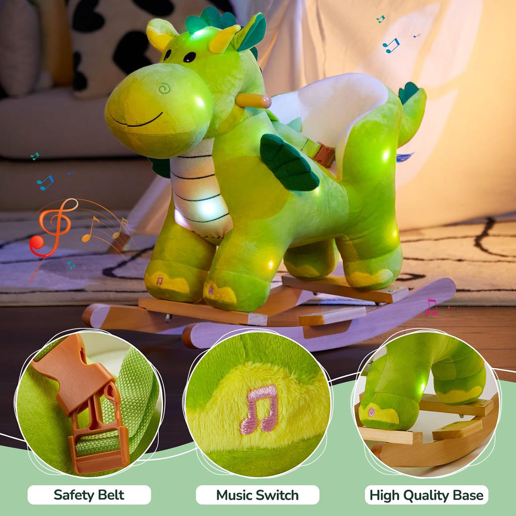 Light Up Musical Dinosaur Baby Rocking Horse Set of 2 with Safety Belt Dinosaur Rocker Baby Rocking Chair