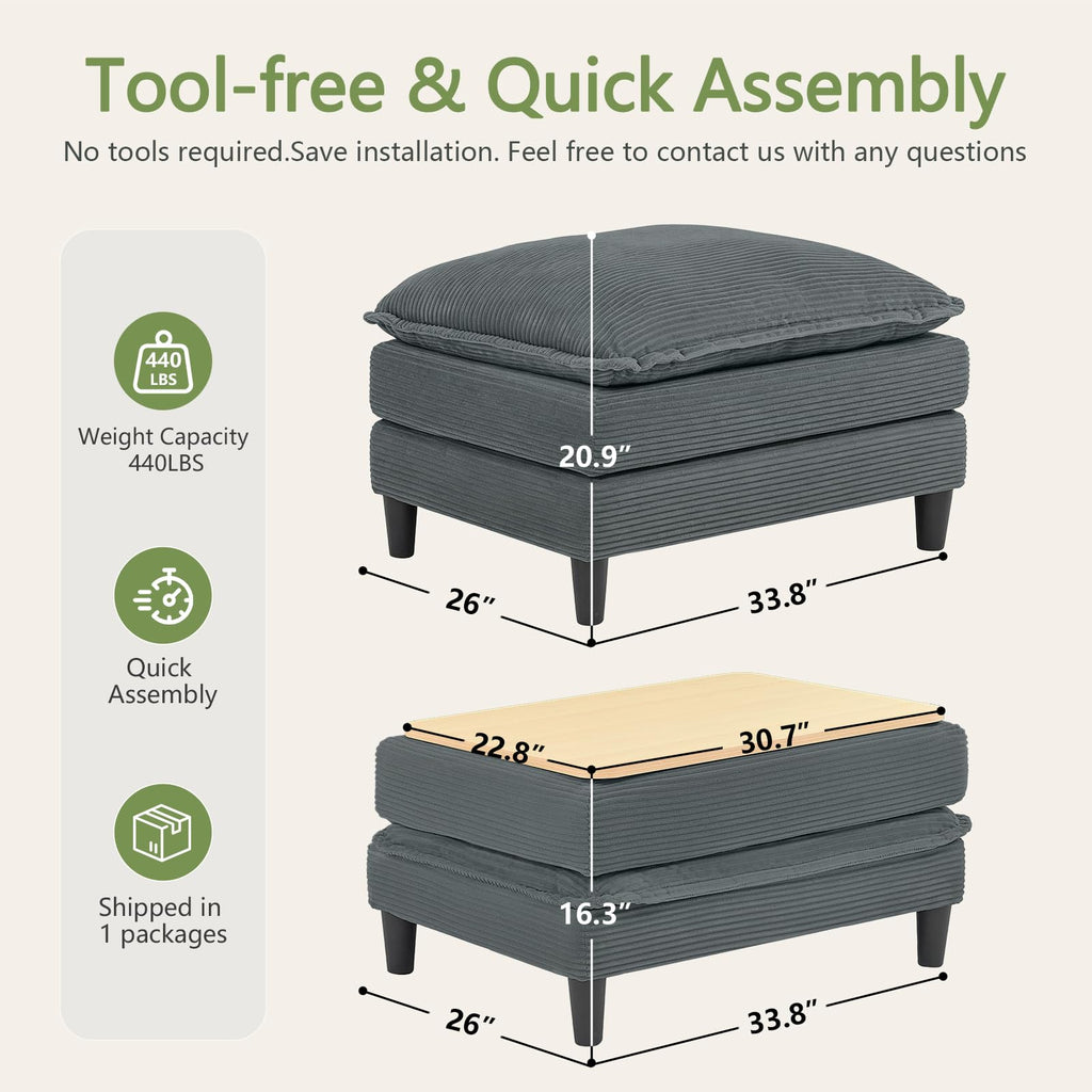 Match Ottoman Only for Cloud Modular Couch Sectional, Convertible to Coffee Table with Storage, Corduroy Ottoman for