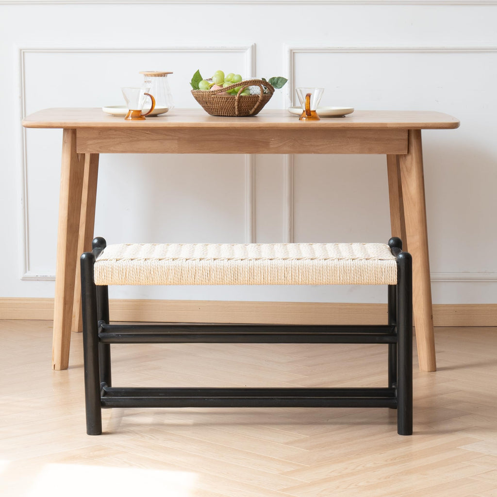 Solid Wood Entryway Bench with Shoe Storage, Rustic Oak Wood and Woven Design 31.5 Inch Long Seating for Living and