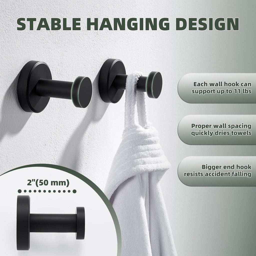 Matte Black Towel Hooks, Space-saving Shower, 2 Pack