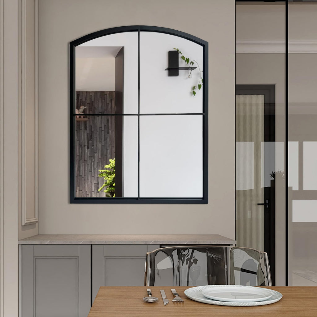 Black Window Pane Mirror, Farmhouse Arched Grid Mirrors for Fireplace/Entryway/Hallway/Living Room 28"X36"