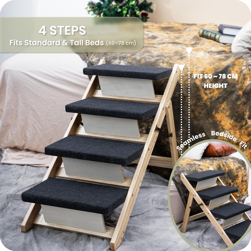 Wood Pet Stairs, 4-Step Dog Stairs for Beds, Couches & Cars, 25" H