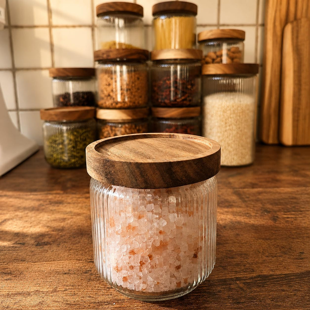12 fl oz, 350ml Glass Food Storage Jars with Wood Lids (6pcs) - Stylish Ribbed Pattern Organization and Storage