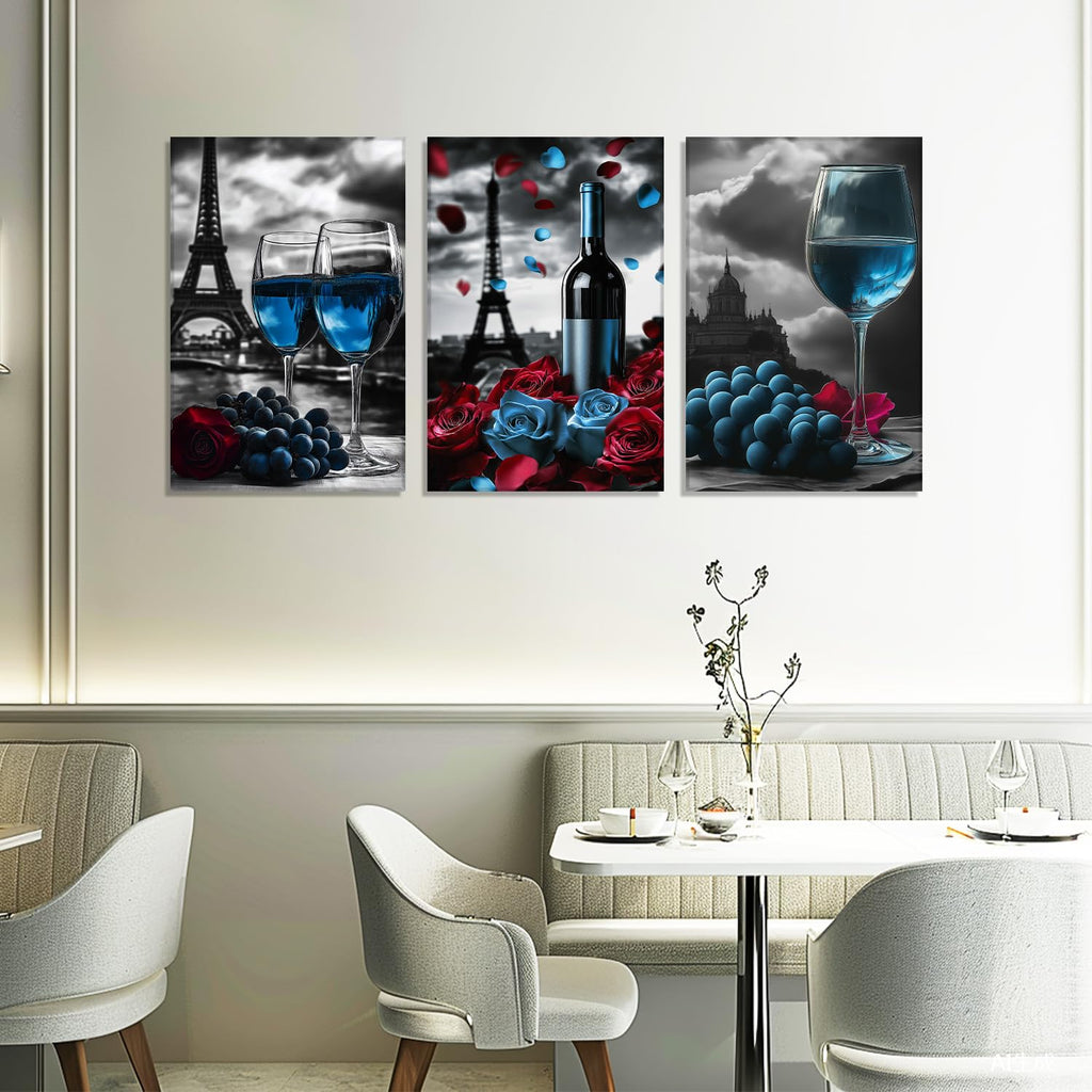 Large Wine Canvas Wall Kitchen Wall Decor 3 Piece Blue Goblet Cups with Flower Pictures Black and White Paintings