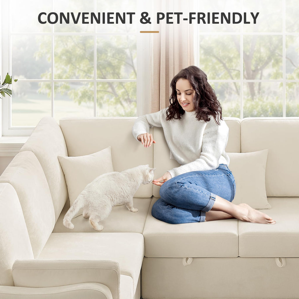 7 Seater 112'' Sectional Sleeper Sofa with Storage, Chenille Beige