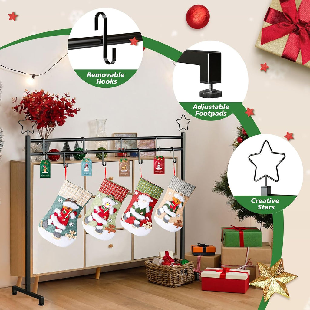 Christmas Stocking Holder Stand with 4 Stockings, Metal freestanding Christmas Stocking Hanger with 8 Hooks