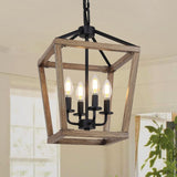 4 Light Farmhouse Chandelier, Rustic Ceiling Light Lantern Light Fixture with Wood Painted Metal Cage and Adjustable Chain, E12 Base Geometric Hanging Light Fixture for Entryway, Kitchen, Indoor A128-B0BGXDWP1X