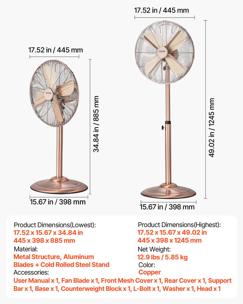 Industrial Pedestal Fan, 16 Inch 75-Degree Oscillating Fan, Height Adjustable Standing Fans with 3 Adjustable Speeds