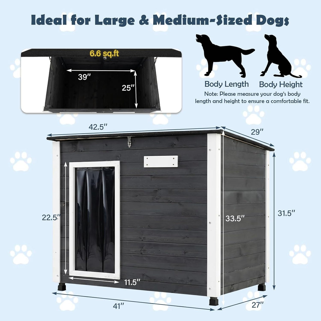 Large Wooden Dog House with Openable Asphalt Roof, 42.5" L